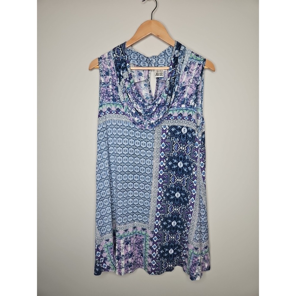 Parsley & Sage L Tunic Top Purple Blue Floral Patchwork Boho Artsy Coastal Fairy